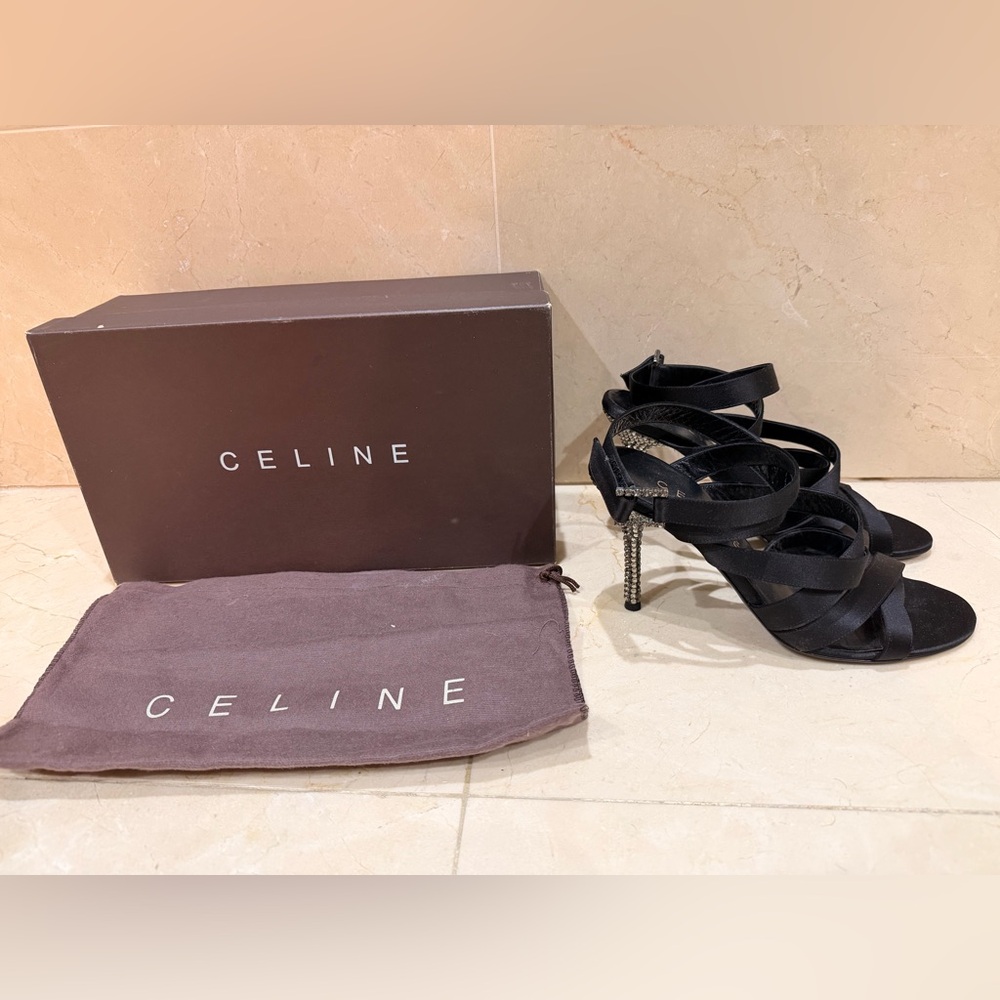 Celine Black Strappy Heels with Silver Accents